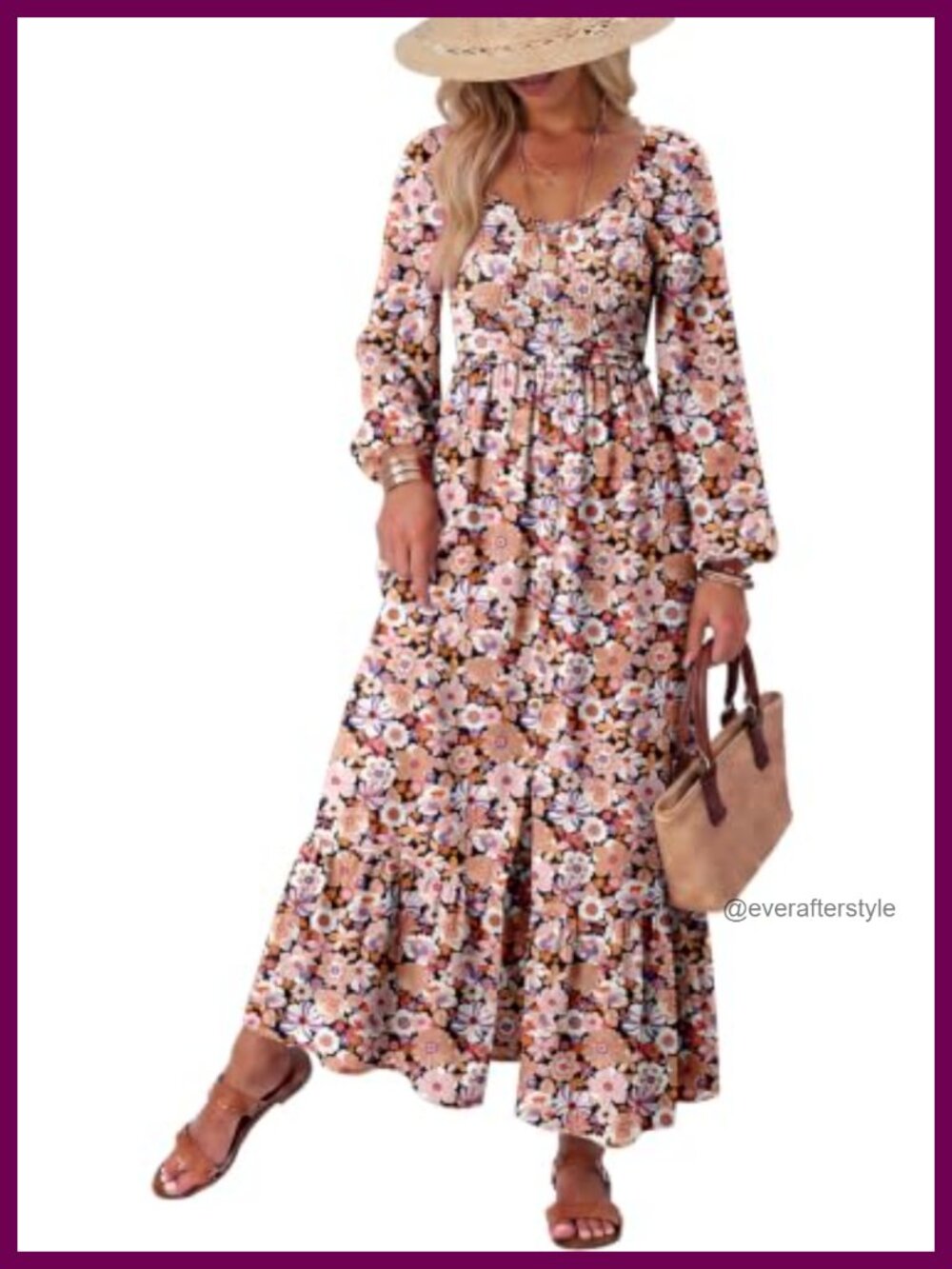 Womens Boho Floral Smocked Long Sleeve Maxi Dress Beach Vacation